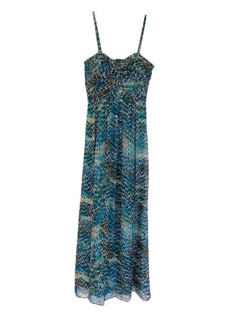 Laundry by Shelli Segal Y2K Beaded Silk Maxi Teal Snakeskin Gown Size 6 Prom